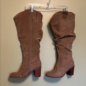 Chic Tan Suede Heeled Boots wide calf knee-high